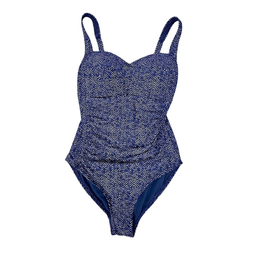 Nip Tuck Swim One Piece Swimsuit Womens Size 4 Navy White Zigzag Ruched